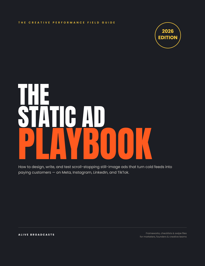 The Static Ad Playbook — cover of the 30-page PDF field guide by Alive Broadcasts